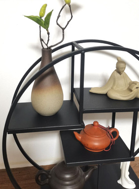 新中式桌面摆饰家居办公室茶馆紫砂茶壶工艺品摆件摆设铁艺博古架