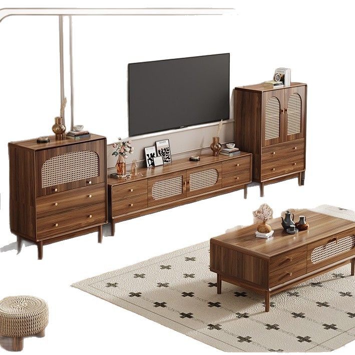 实木框复古简约藤编电视柜中式北欧小户型客厅家用茶几电视柜组合,淘宝优惠券,粉丝福利购,淘宝优惠卷