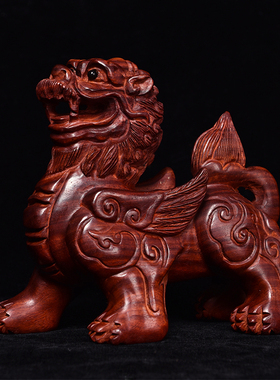 小叶紫檀木雕刻麒麟摆件一对实木客厅风水工艺礼品摆饰红木摆设开