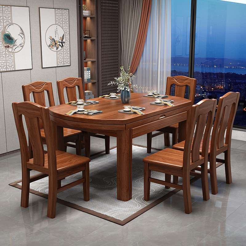 胡桃木餐桌椅组合实木榫卯可伸缩折叠方桌变圆桌子家用小户型饭桌 - 图1