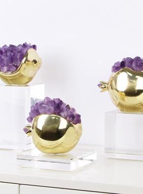 现代新中式紫水晶黄铜石榴多子多福摆件客厅桌面书房酒柜软装饰品