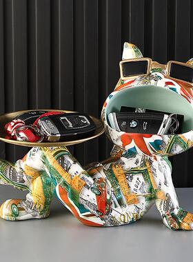 个性花纹法斗犬托盘桌面摆件主题酒吧摆设万圣节装饰水转印工艺品