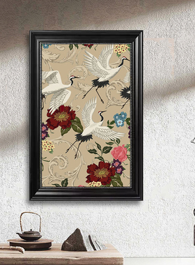中古风黑框仙鹤新中式松鹤梅花玄关挂画复古雕花框客厅壁画