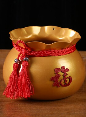 好货铁艺福桶插花器红色金色聚宝盆陶瓷瓶插花瓶家居装饰客厅摆件