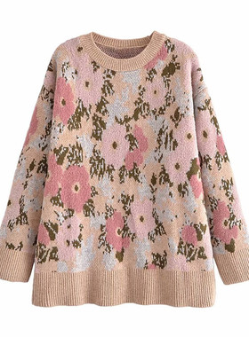 2022 Floral Jacquard Oversize Knit Sweater Women Long Sleeve