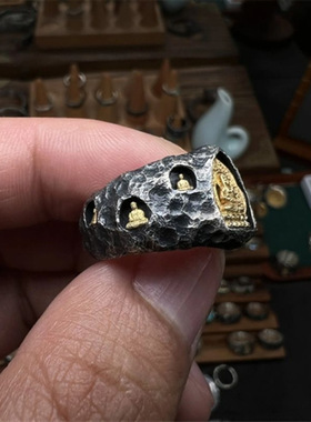 十二生肖八大守护神戒指金佛石窟手工锻打锤纹指环个性精致复古