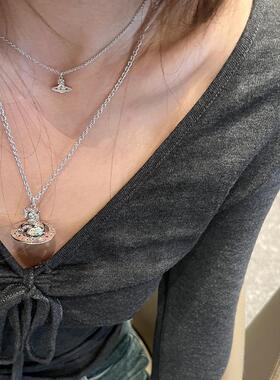 霓虹彩钻星球项链限定版星月土星orb吊坠高级感毛衣链颈链