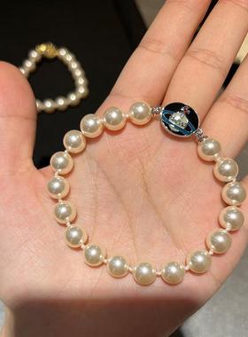 黑色搪瓷扣珍珠手链磁扣珐琅手链甜酷风珍珠磁吸手饰