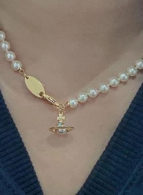 鎏金蓝色立体土星珍珠项链白色珐琅orb飞碟珍珠项链