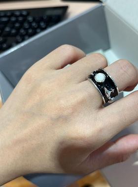 中古国王戒指宽版土星指环珐琅釉面白贝母个性朋克情侣