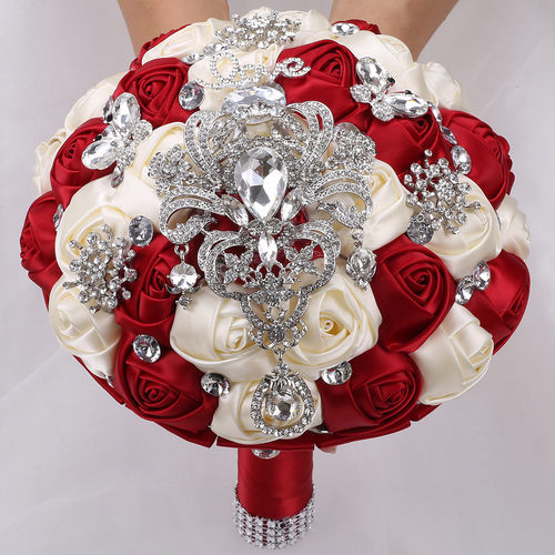现货欧式婚礼新娘水钻手捧花束婚礼用品仿真玫瑰新娘手捧花W385 - 图1