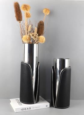 欧式创意简约金属皮革开口花器客厅办公室书房餐厅玄关家居装饰品