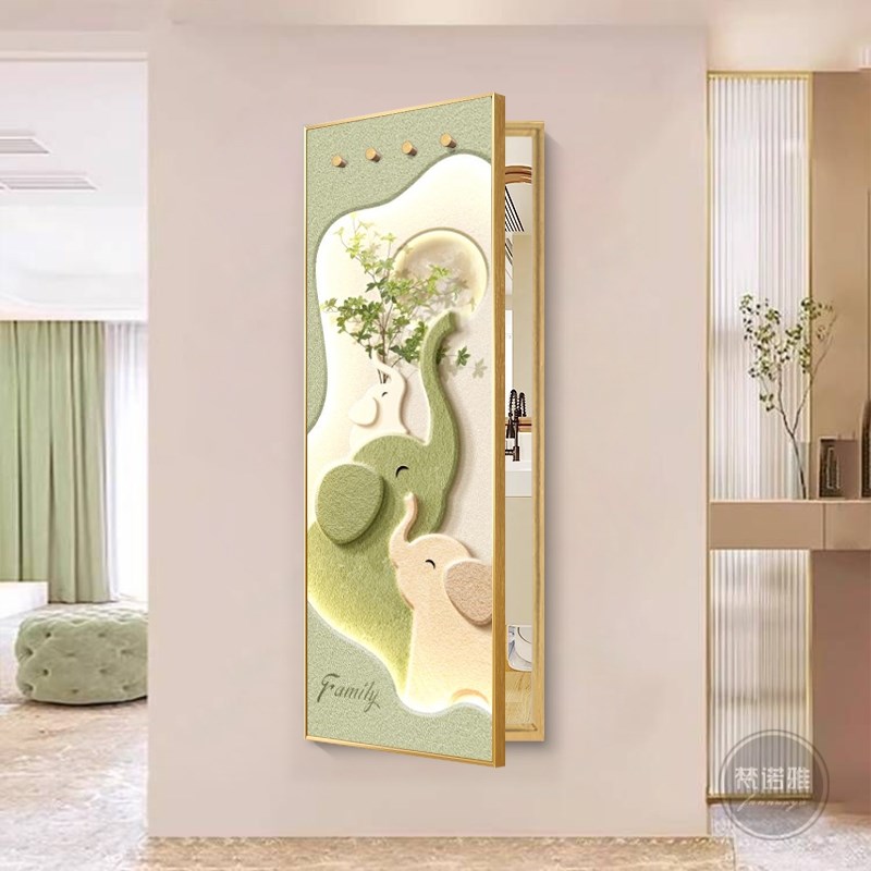 奶油风大象隐f形推拉全身镜玄关暗藏式翻开门穿衣镜带挂钩镜子挂 - 图1