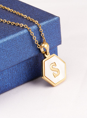 New titanium steel K gold hexagonal shell letter necklace f