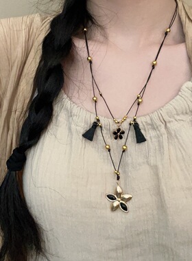 抽拉式黑金花朵长款叠戴项链女款甜酷高级感毛衣链日常百搭卫衣链