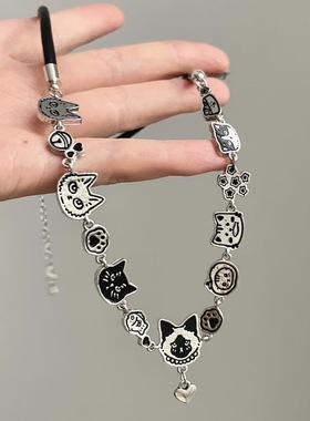 甜酷风复古涂鸦猫咪项链小众设计童趣可爱吊坠锁骨链高级时尚颈链