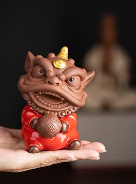 速发创意国潮舞狮子摆件紫砂新中式桌宠醒狮茶方鱼缸造景东面装饰