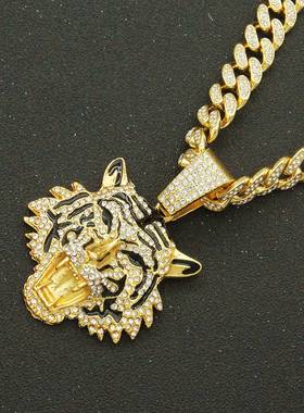 3D full diamond oil tiger head pendant Cuban chain necklace