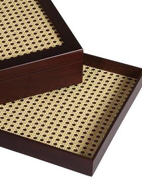 新中式棕色实木藤编方形托盘软装饰品收纳盒家居客厅餐桌摆盘