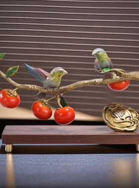 喜上眉梢黄铜柿柿如意柿子摆件家居客厅装饰品新中式新人结婚礼物