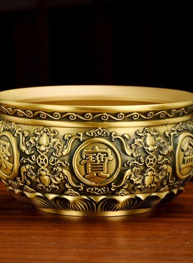铜聚宝盆摆件黄铜米缸铜缸双狮蝙蝠元宝水晶存钱罐烟灰缸客厅装饰