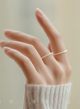 罕见极小2mm天然淡水小珍珠戒指戒子叠带美国14k包金不退色不掉皮