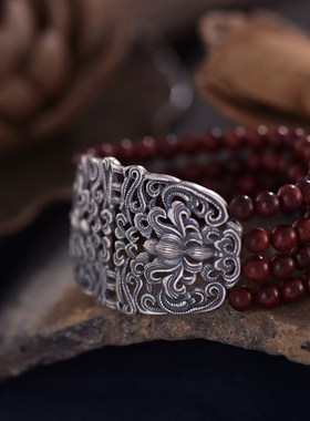 小叶紫檀多层手链 手工复古纯银莲花宽版名族风女款银手链 礼物