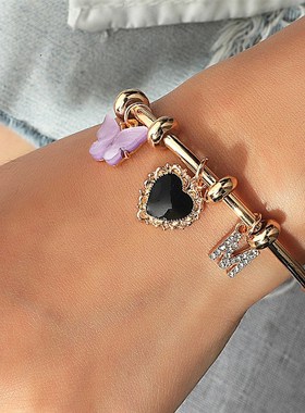 欧美跨境新款樱桃爱心字母手镯 ins简约可调节开口珠子圆圈手錬女