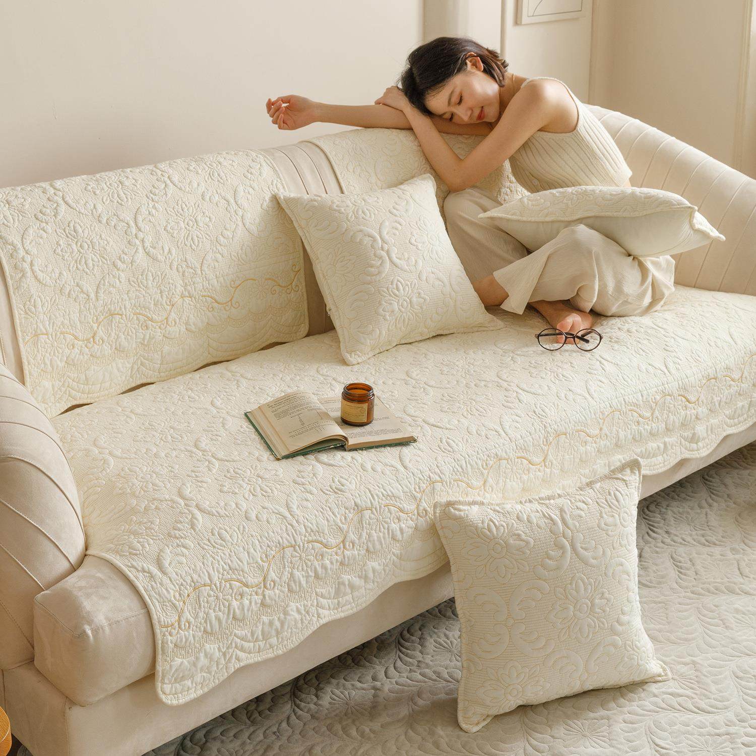 外面绣花绗棉高级感全棉沙发垫四季通用纯棉防滑坐垫套罩巾,淘宝优惠券,粉丝福利购,淘宝优惠卷