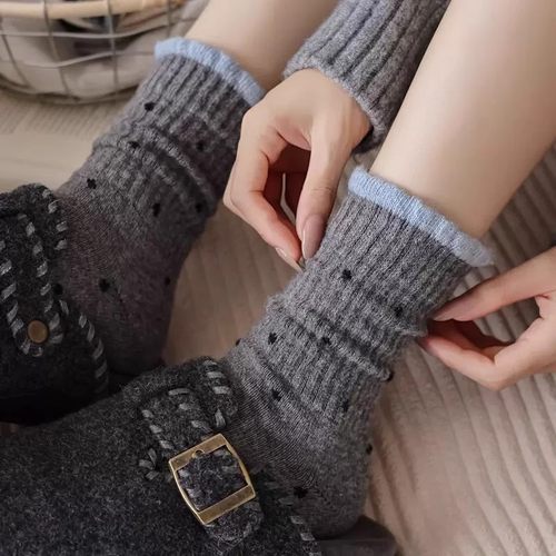 新品波点袜子女中筒袜秋冬季潮流保暖加厚灰色长袜配勃肯鞋堆堆袜 - 图2