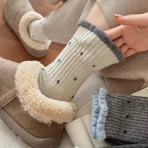 新品波点袜子女中筒袜秋冬季潮流保暖加厚灰色长袜配勃肯鞋堆堆袜 - 图3