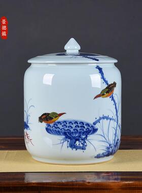 新款手绘釉下彩荷花陶瓷储物25斤装绿色环保温瓷茶叶茶饼缸