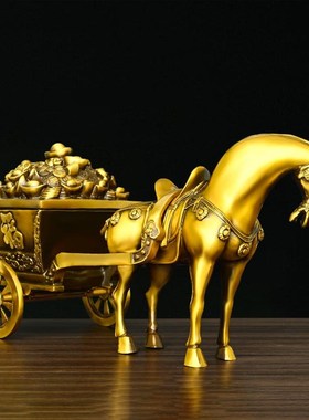黄铜马拉车带盖聚宝盆摆件马到成功客厅办公室家T用客厅马摆件工