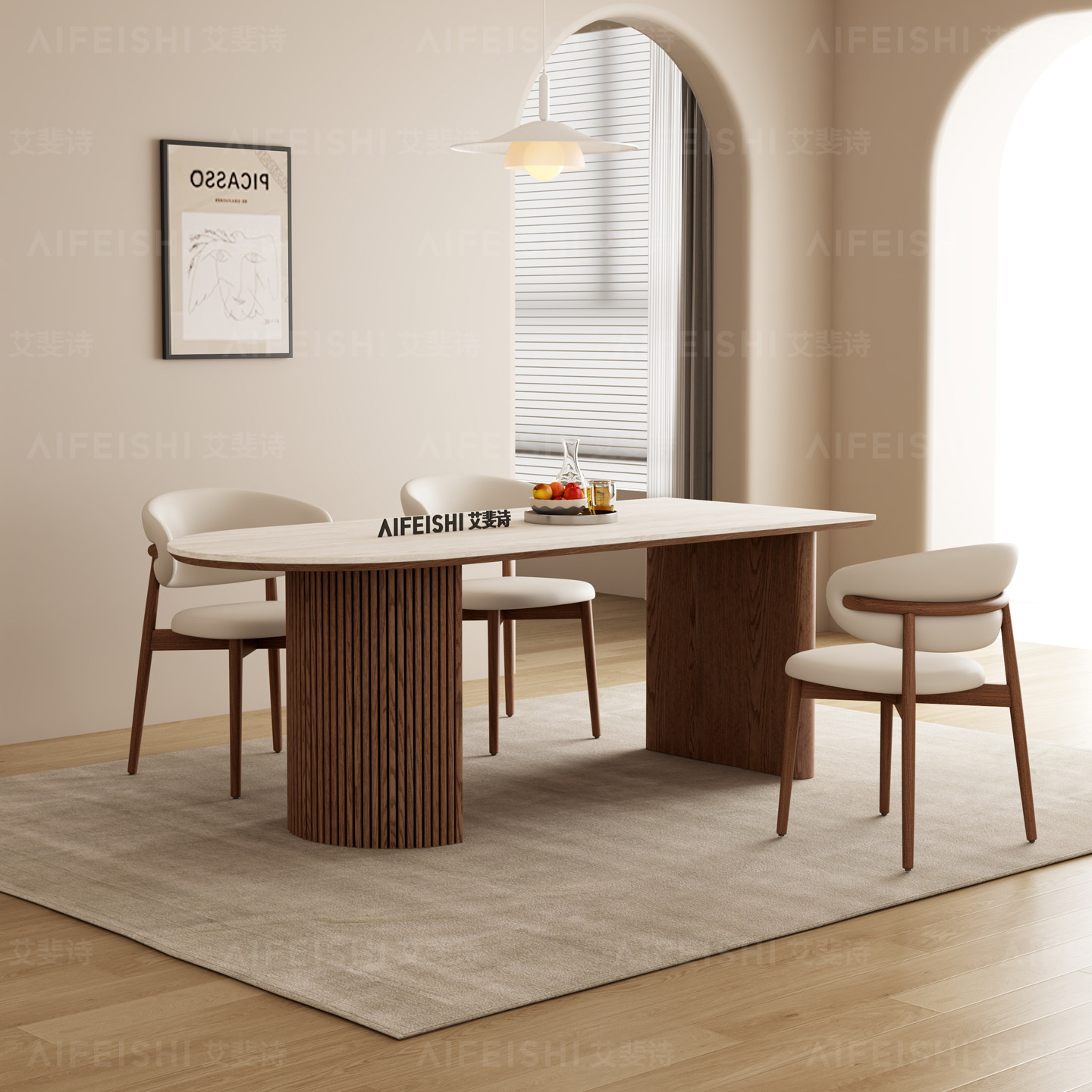 德利丰岩板洞石法式中古奶油风白蜡木客厅餐桌小户型靠墙半岛形桌,淘宝优惠券,粉丝福利购,淘宝优惠卷