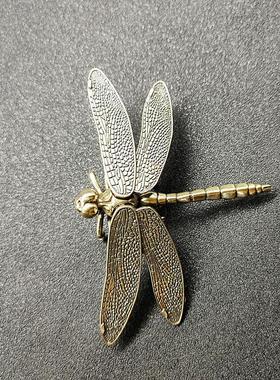 0黄铜蜻蜓翅膀可拆卸茶道微雕小摆件实心铜包浆老铜雕件古玩茶宠