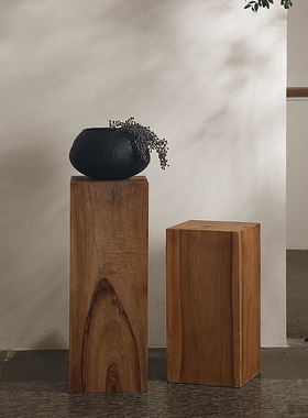 精选侘寂风底座雕塑造台装饰摆件方形香樟木日式民宿碳化木墩家用