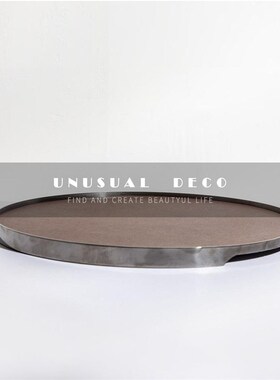 简约轻奢圆形收h纳茶盘样板间售楼处酒店创意金属几何皮革托盘摆