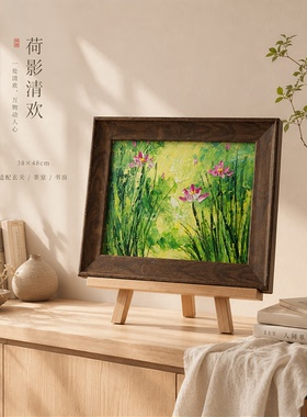 《绿底清新荷花》系列二/38*48布面客厅玄关艺术油画治愈系挂画田