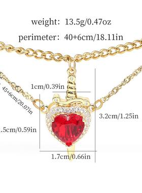 跨境新品红宝石一剑穿心镶钻情侣项链时尚剑爱心情人节组合项链