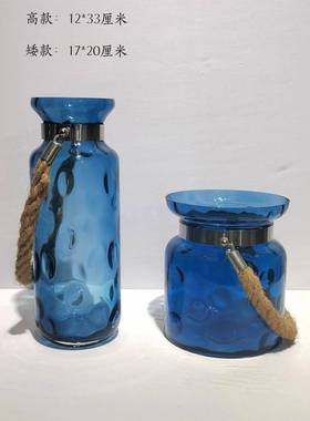 现代简约蓝色带麻绳玻璃花瓶摆件家居样板房桌面插花装饰品摆件