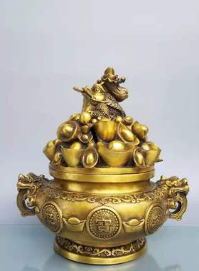 纯铜聚宝盆摆件象耳存钱罐三脚盆金蟾储存罐家居办公室桌面装饰品