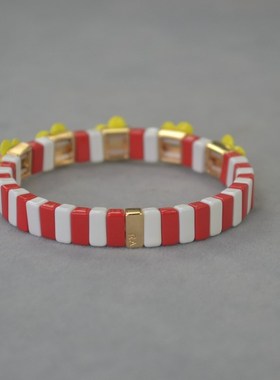 RA  红白条 黄色花朵 搪瓷 弹力手镯