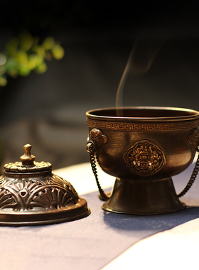 尼泊尔手工紫铜吊挂香炉纯铜家用做旧悬挂盘香炉仿古藏式吊炉香炉