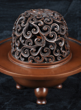 紫铜缠枝莲纹圆盘薰炉香道香炉书房装饰品茶室安神沉香盘香香薰炉