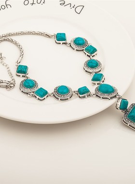 Jewelry Turquoise Necklace retro diamond round geometric sh