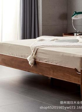 北欧极简黑胡桃木床双人床实木婚床1.8米现代主卧床设计原木家具