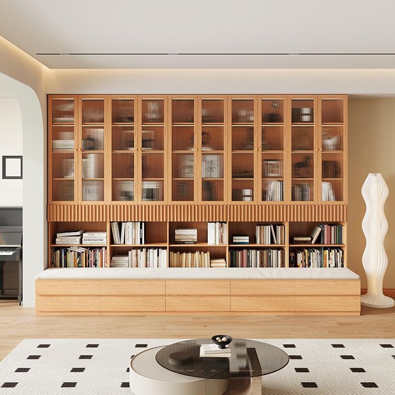 实木定制卡座书柜一体整墙客厅z书架橡木满墙置储物落地玻璃展示 - 图0