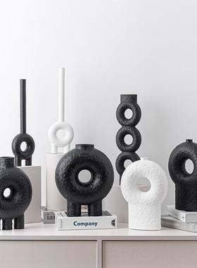 现代北欧几何圆圈黑白色肌理花瓶软装样板间售楼部客厅插花器饰品