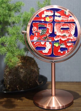 现货速发囍字文创老榆木实木托盘干果盒圆盘镶嵌瓷板画收纳茶台桌