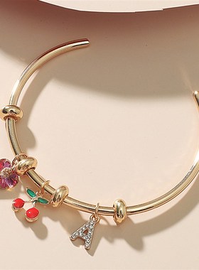 欧美跨境新款樱桃爱心字母手镯 ins简约可调节开口珠子圆圈手錬女